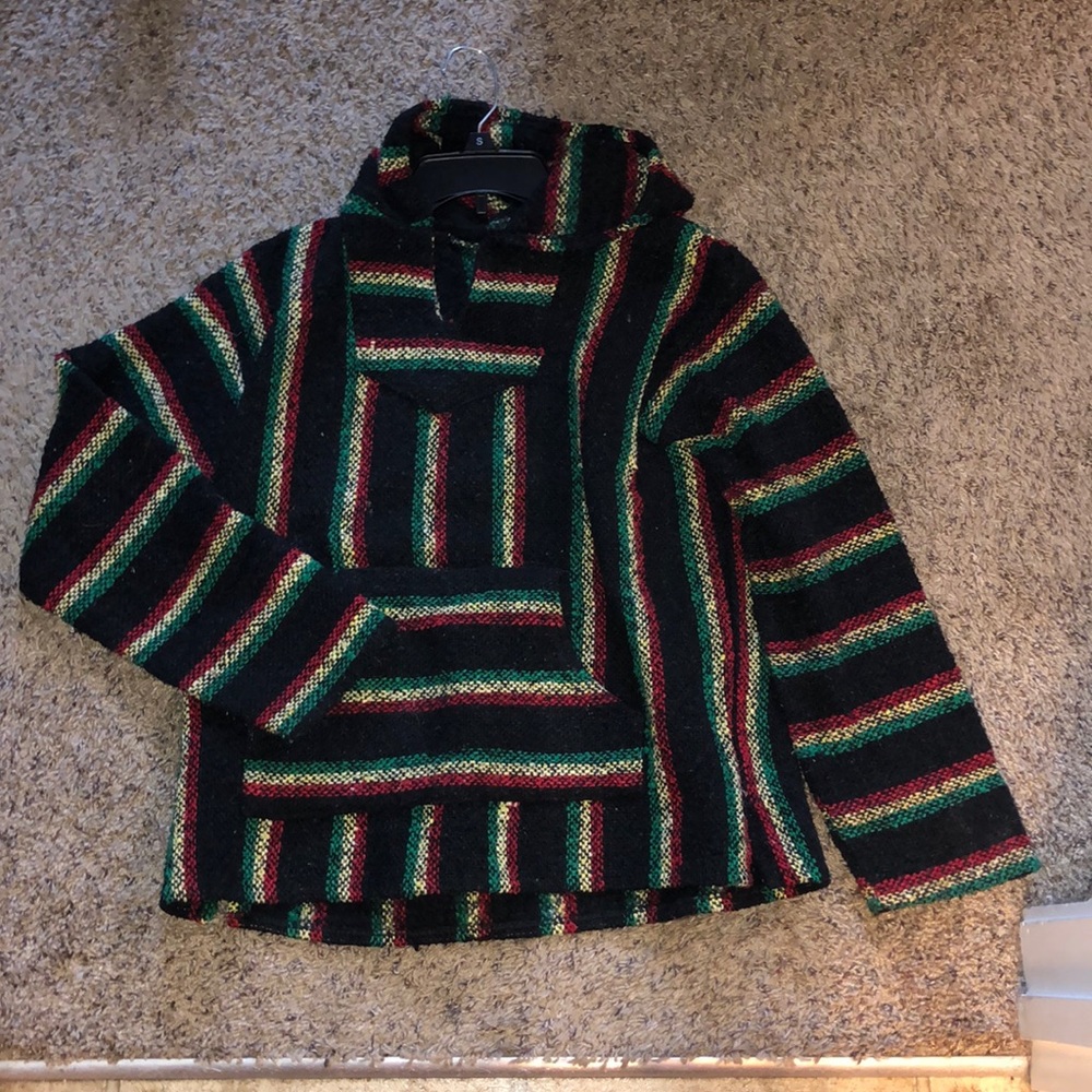 Black Baja hoodie yellow, red, and green stripes
